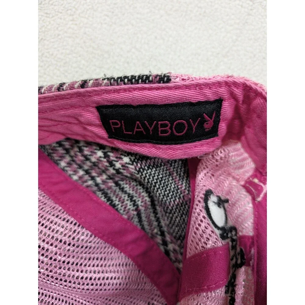Vintage Retro Y2K Playboy Bunny Newsboy Pink Plaid Mesh Back Snapback Hat